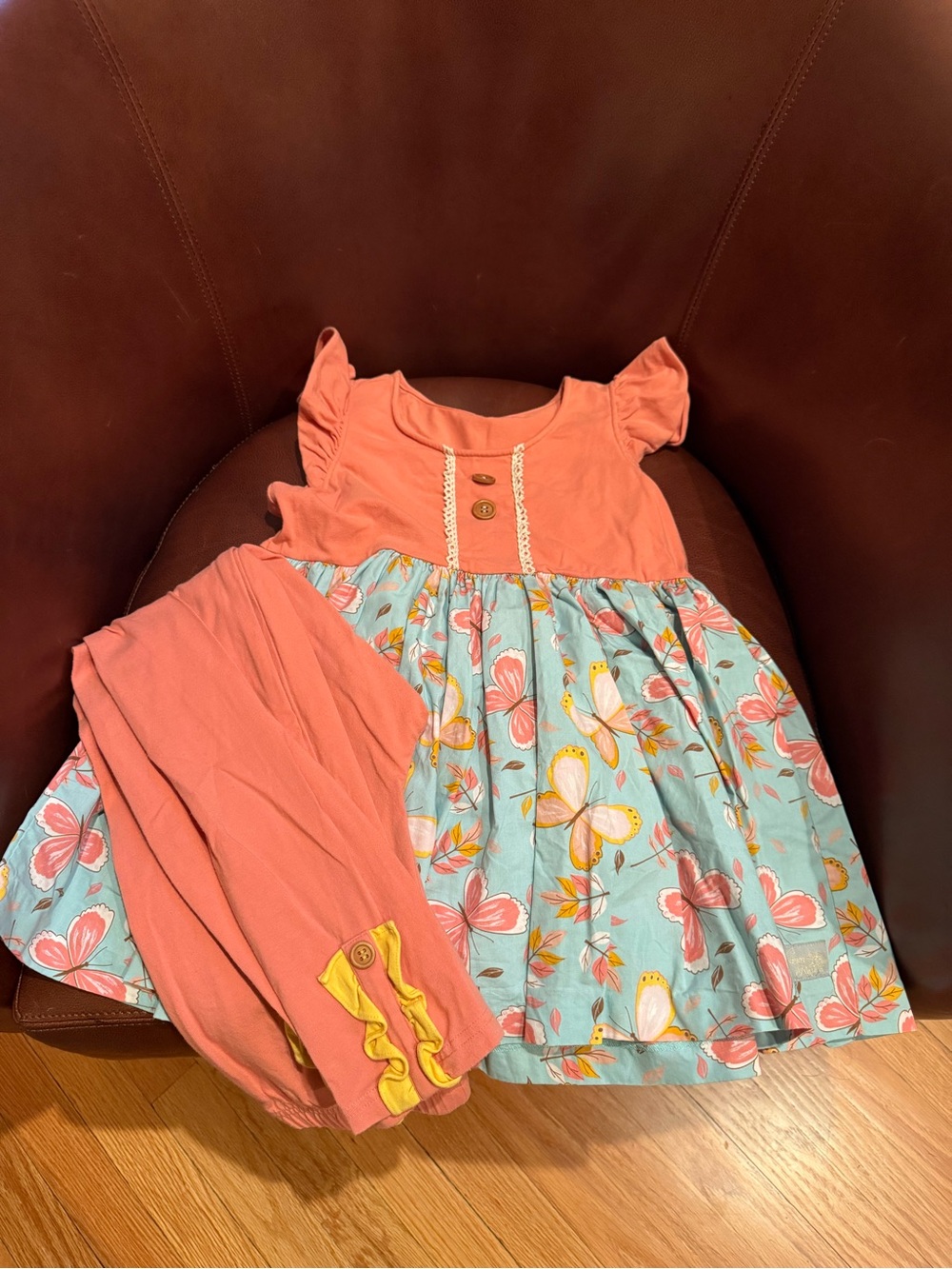 Eleanor Rose Coral Top with Aqua Butterfly Top & Coral Leggings
